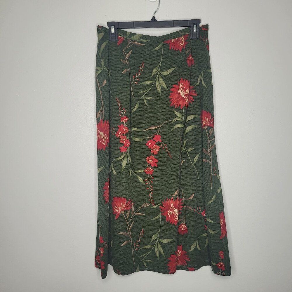 Kathie Lee dark green red flower print holiday midi maxi zipper skirt size 14